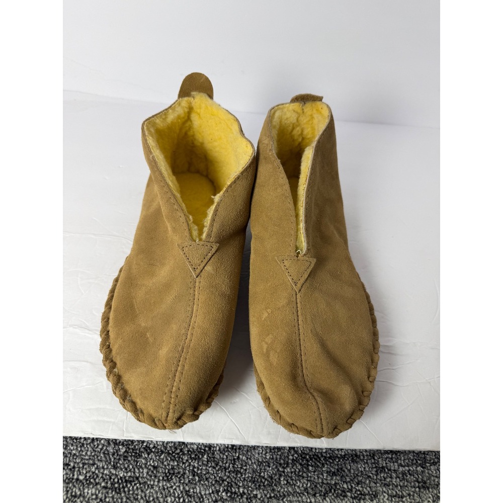 Firesiders Suede Moccasin Slippers Tan Brown Faux Fur Lined Made in USA Size 10